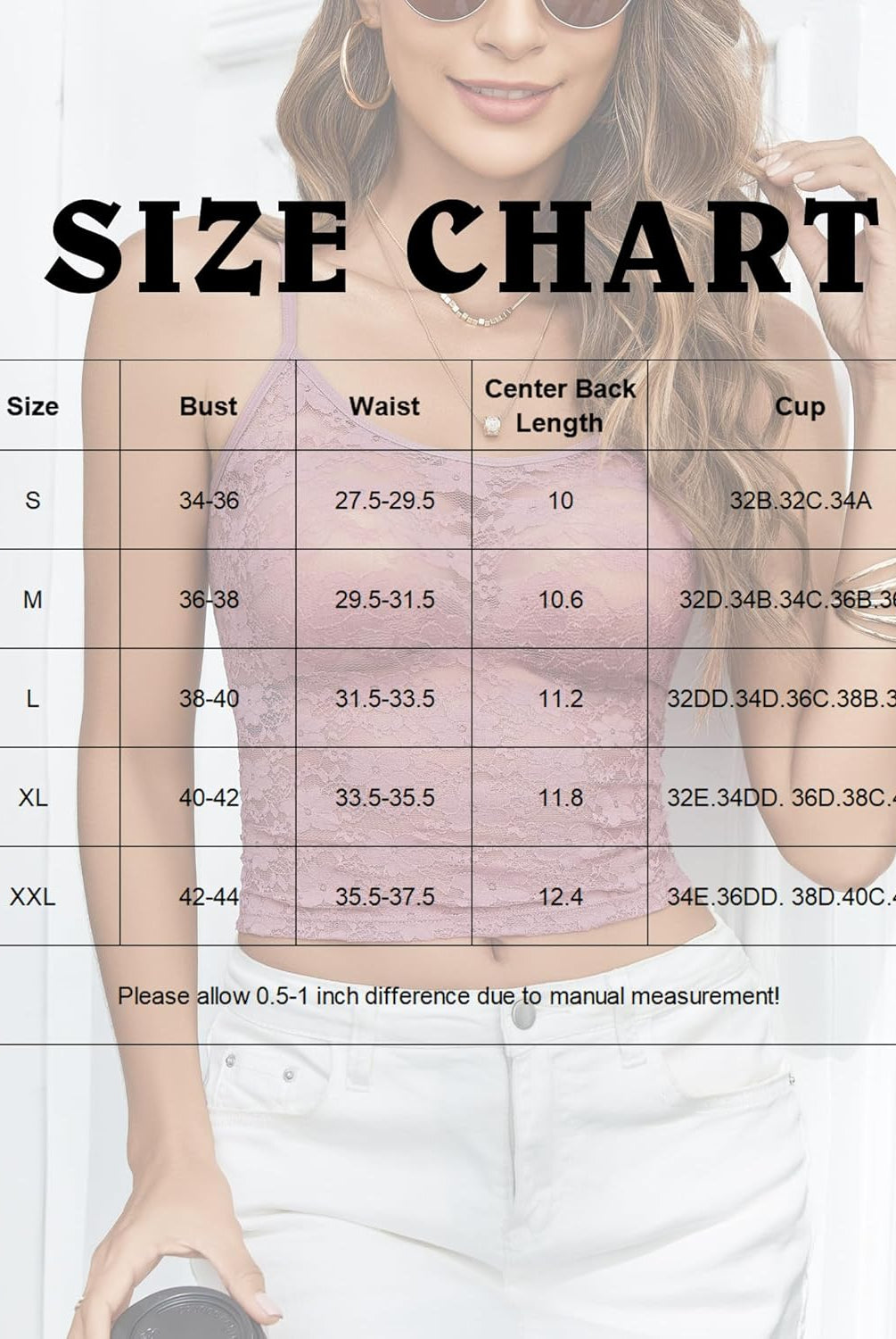 Y2k crop top size chart with bust, waist, and cup measurements for sizes S-XXL, pink lace crop top.