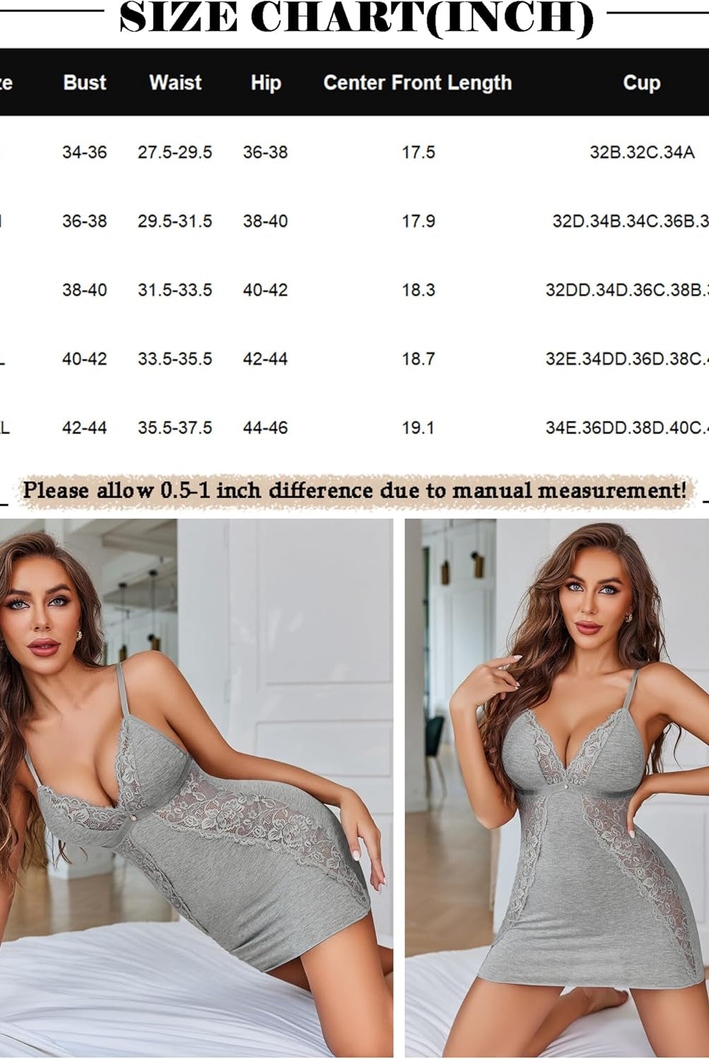 Grey lace chemise slip nightie, size chart, Avidlove lingerie, lace detail and adjustable straps