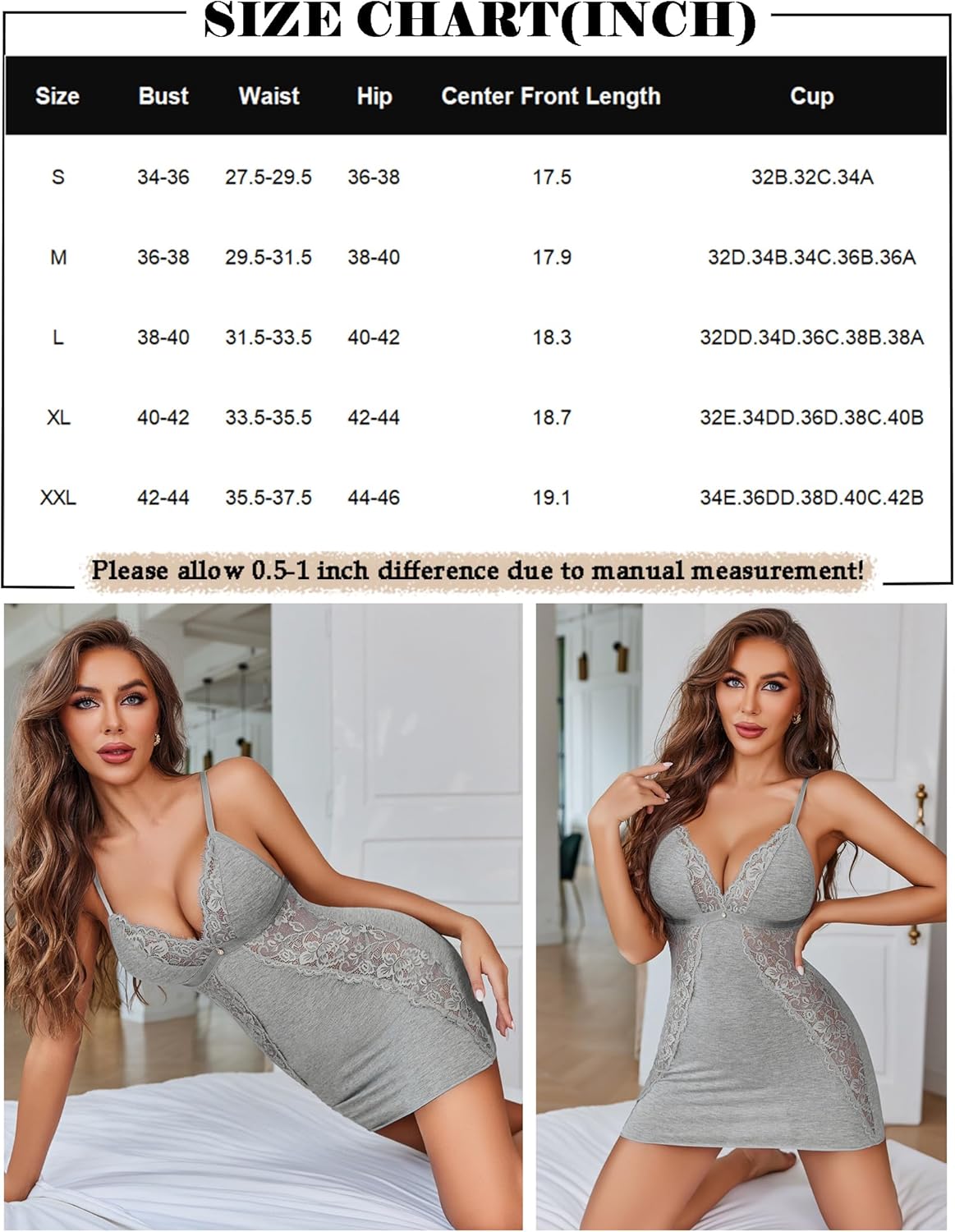 Grey lace chemise slip nightie, size chart, Avidlove lingerie, lace detail and adjustable straps