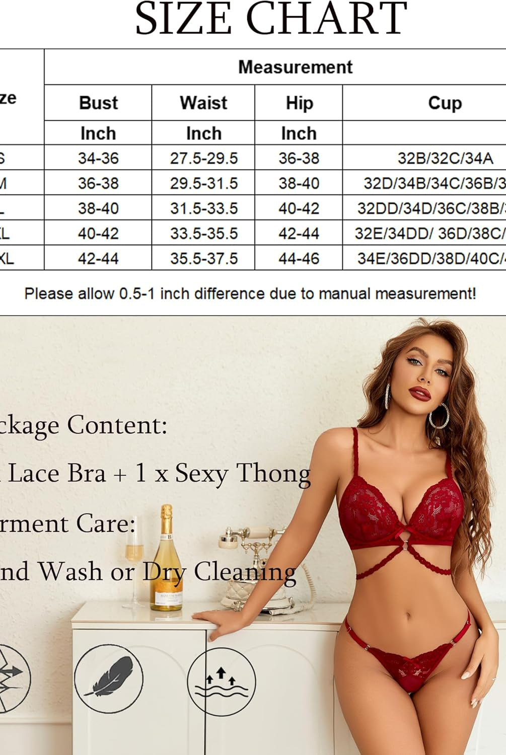 Red lace bra and thong set with size chart, hand wash or dry cleaning, perfect for a sensual look.