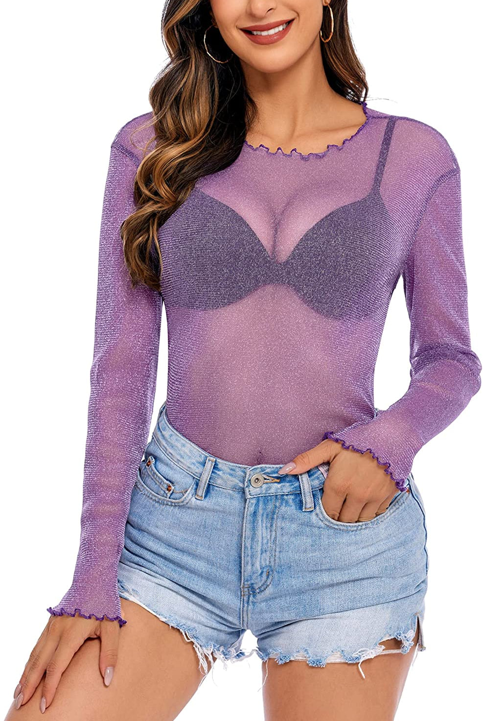 Purple mesh long sleeve shirt with denim shorts, ideal for a night out. Stylish and sexy outfit