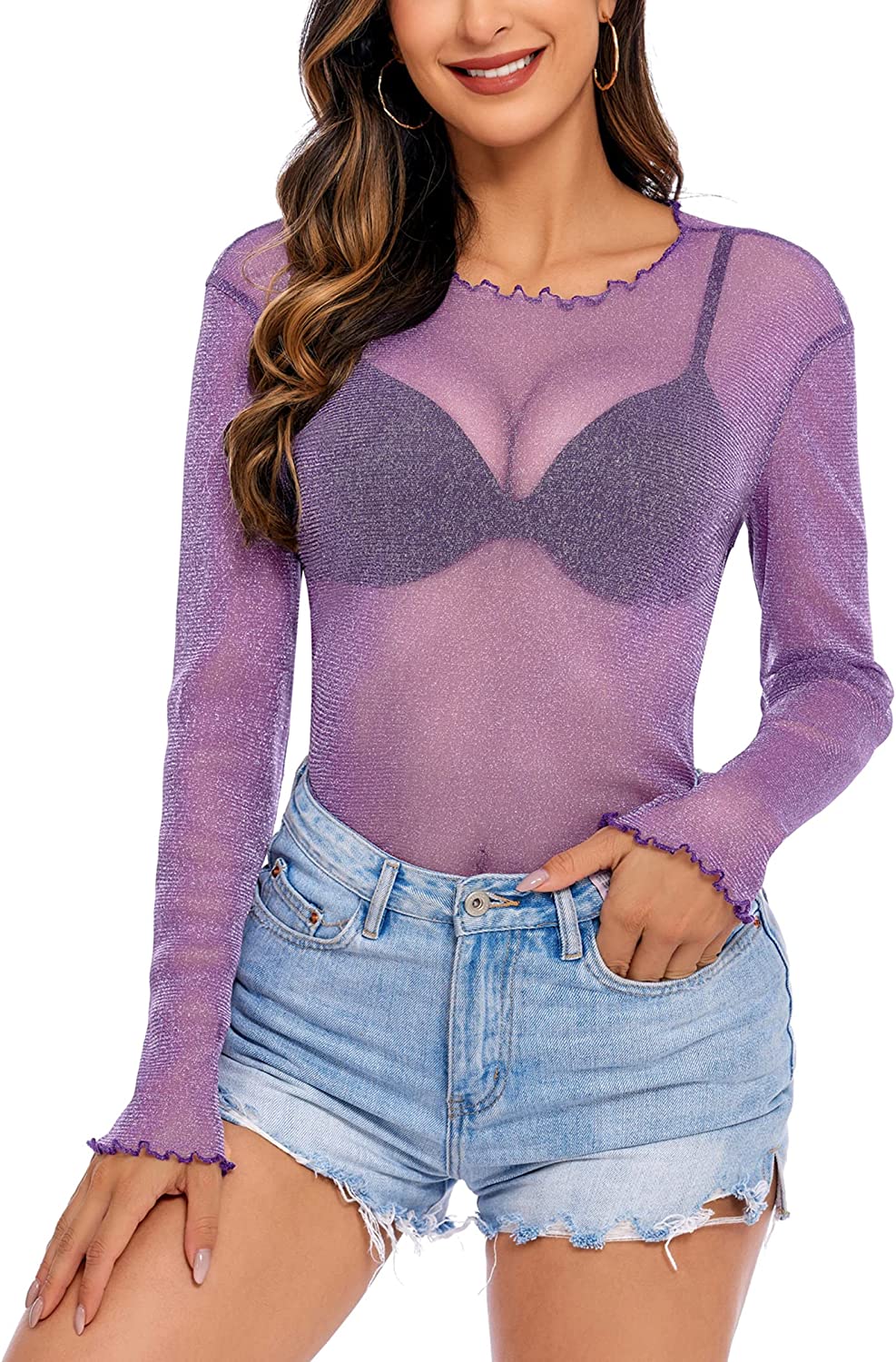 Purple mesh long sleeve shirt with denim shorts, ideal for a night out. Stylish and sexy outfit