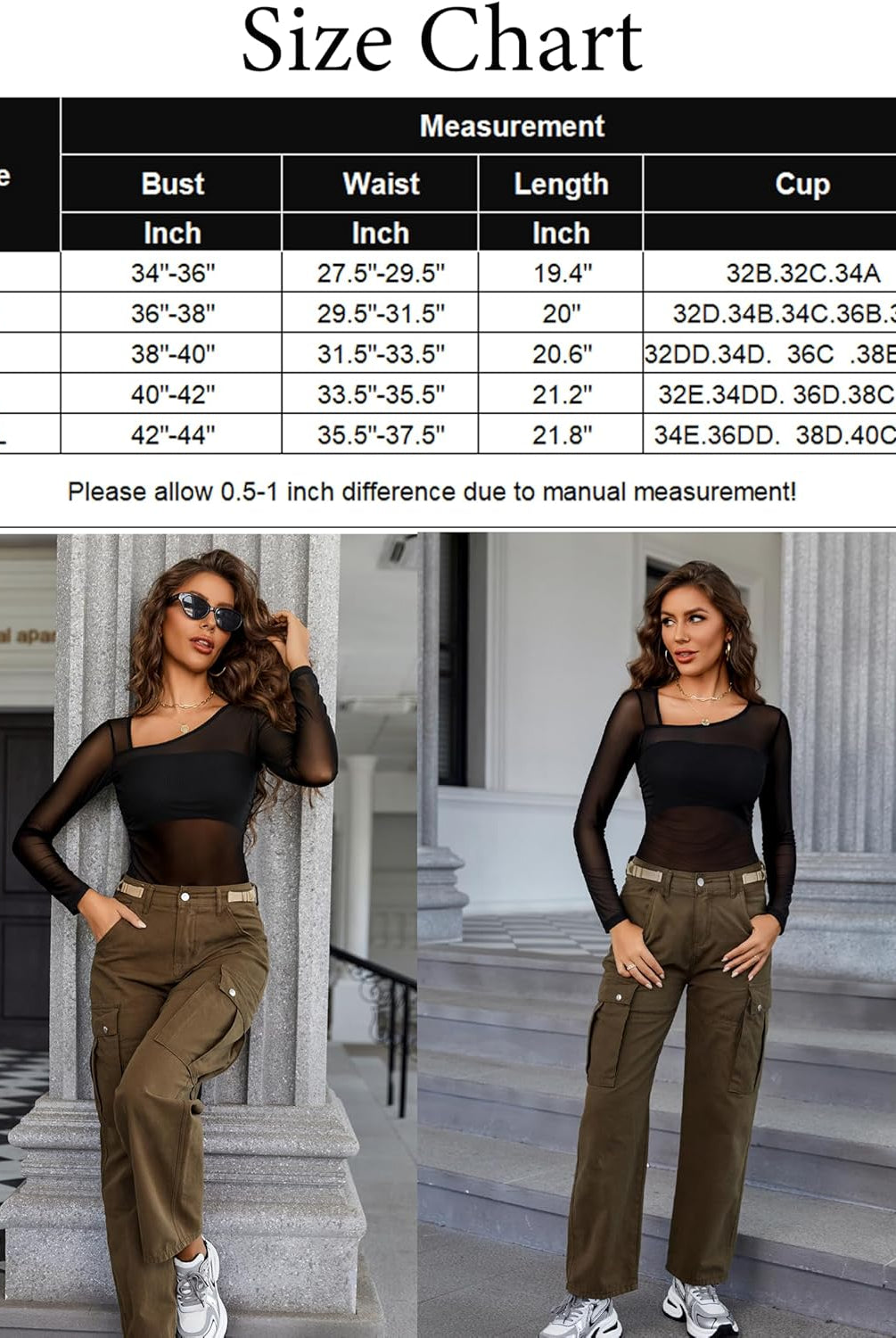 Asymmetrical crop top size chart. Models wearing the top and olive pants. Product sizing details.