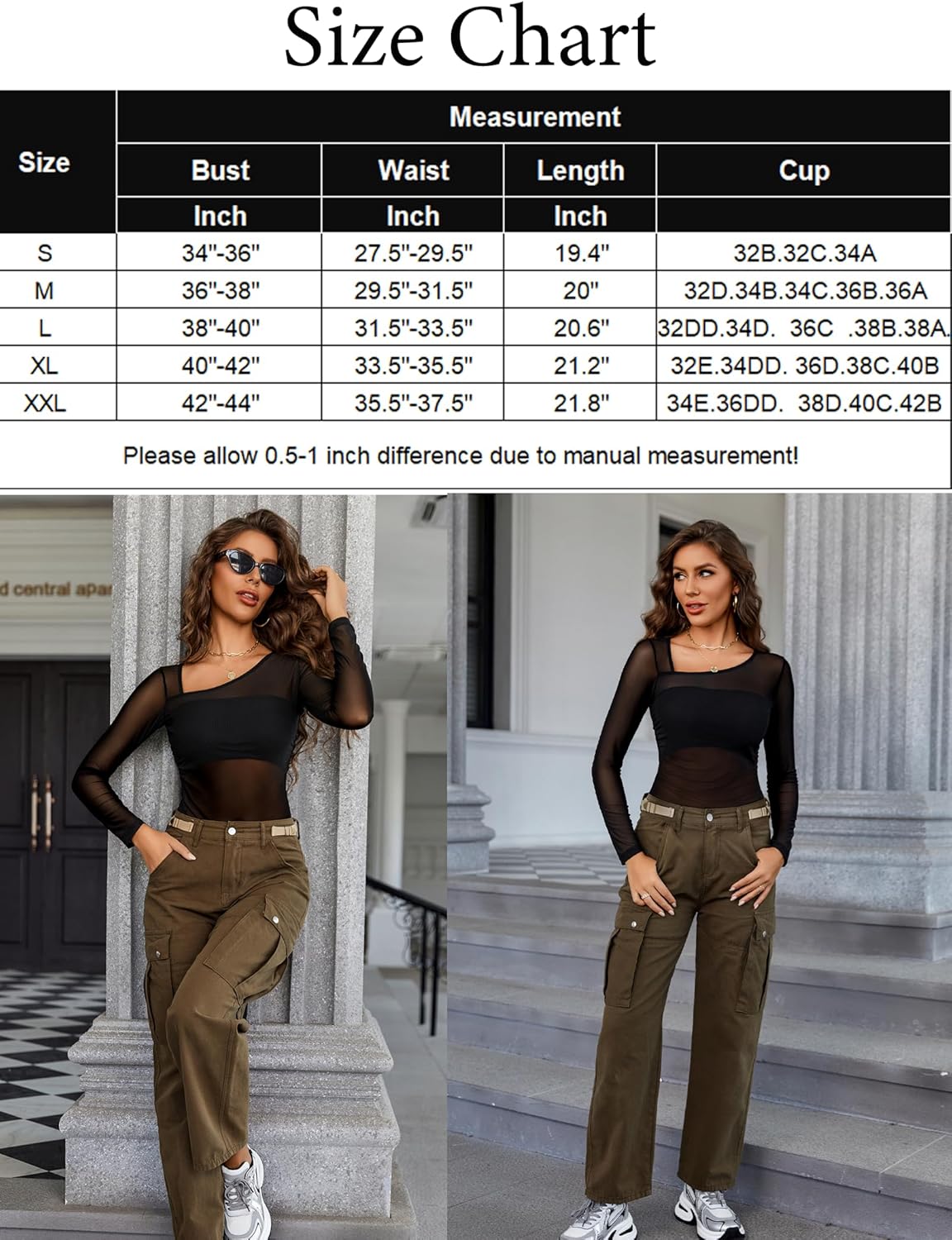 Asymmetrical crop top size chart. Models wearing the top and olive pants. Product sizing details.