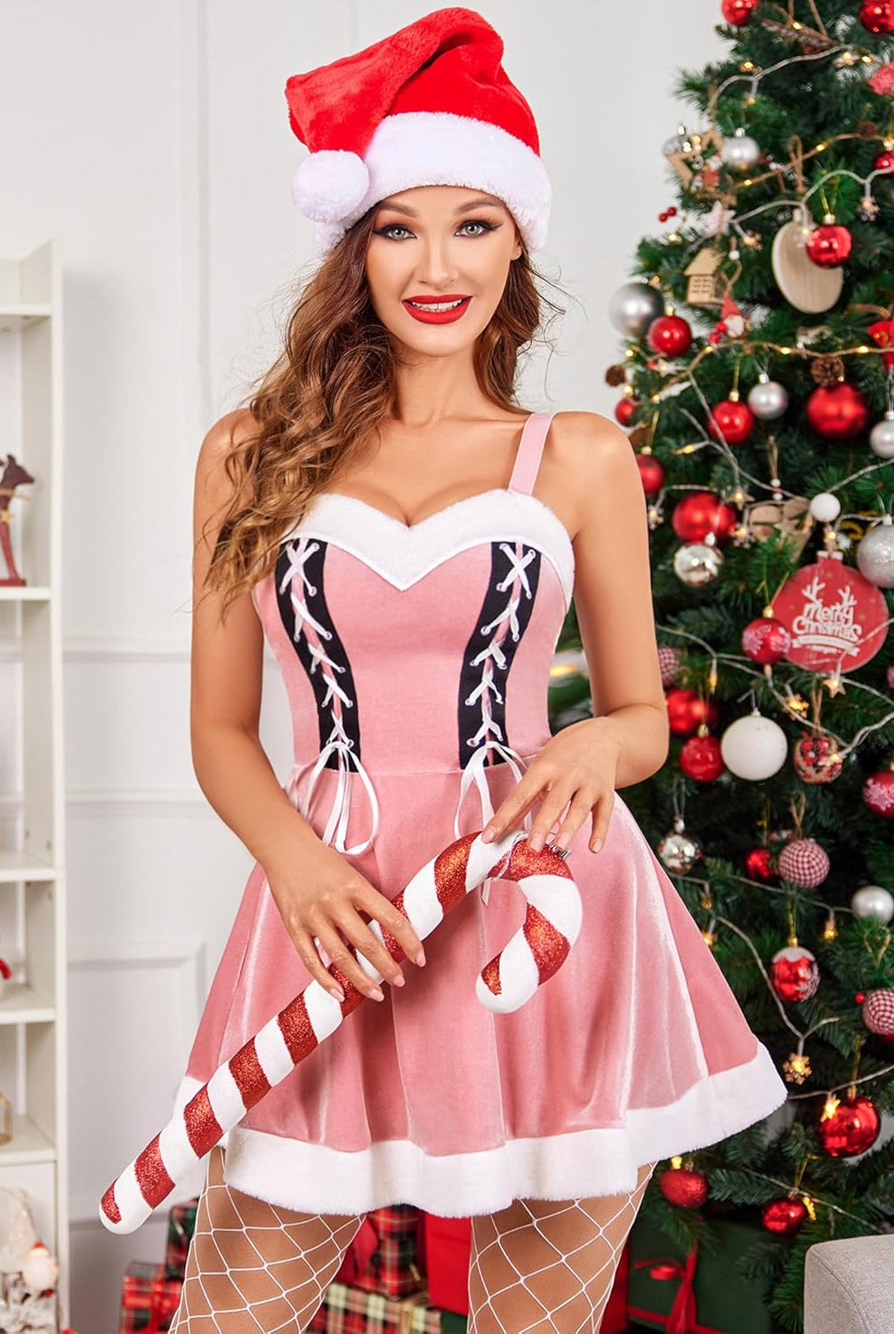 Pink velvet Santa dress with white fur trim and cross-linked design, Christmas lingerie for women
