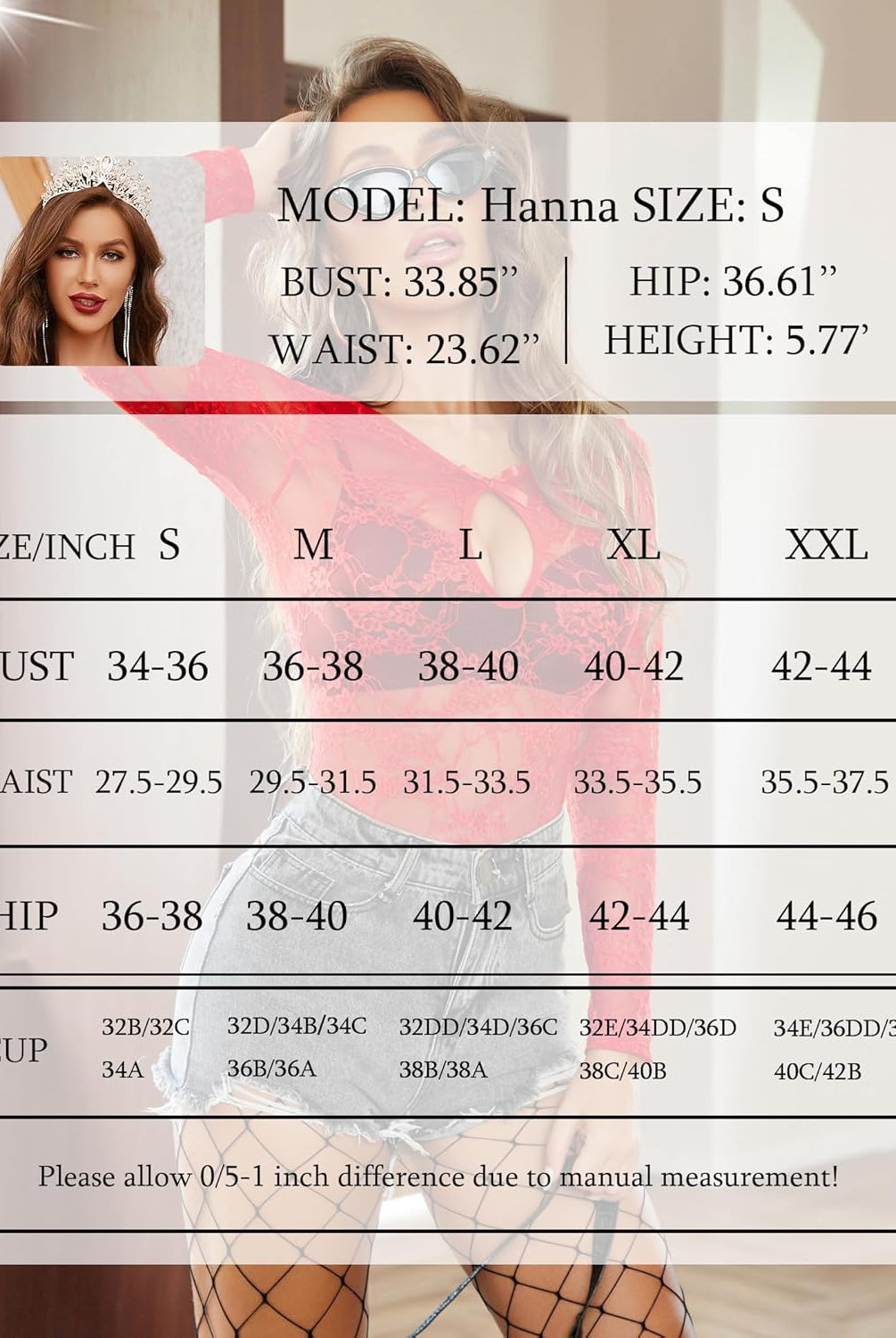 Avidlove red lace bodysuit size chart: S-XXL. Includes model Hanna's measurements.