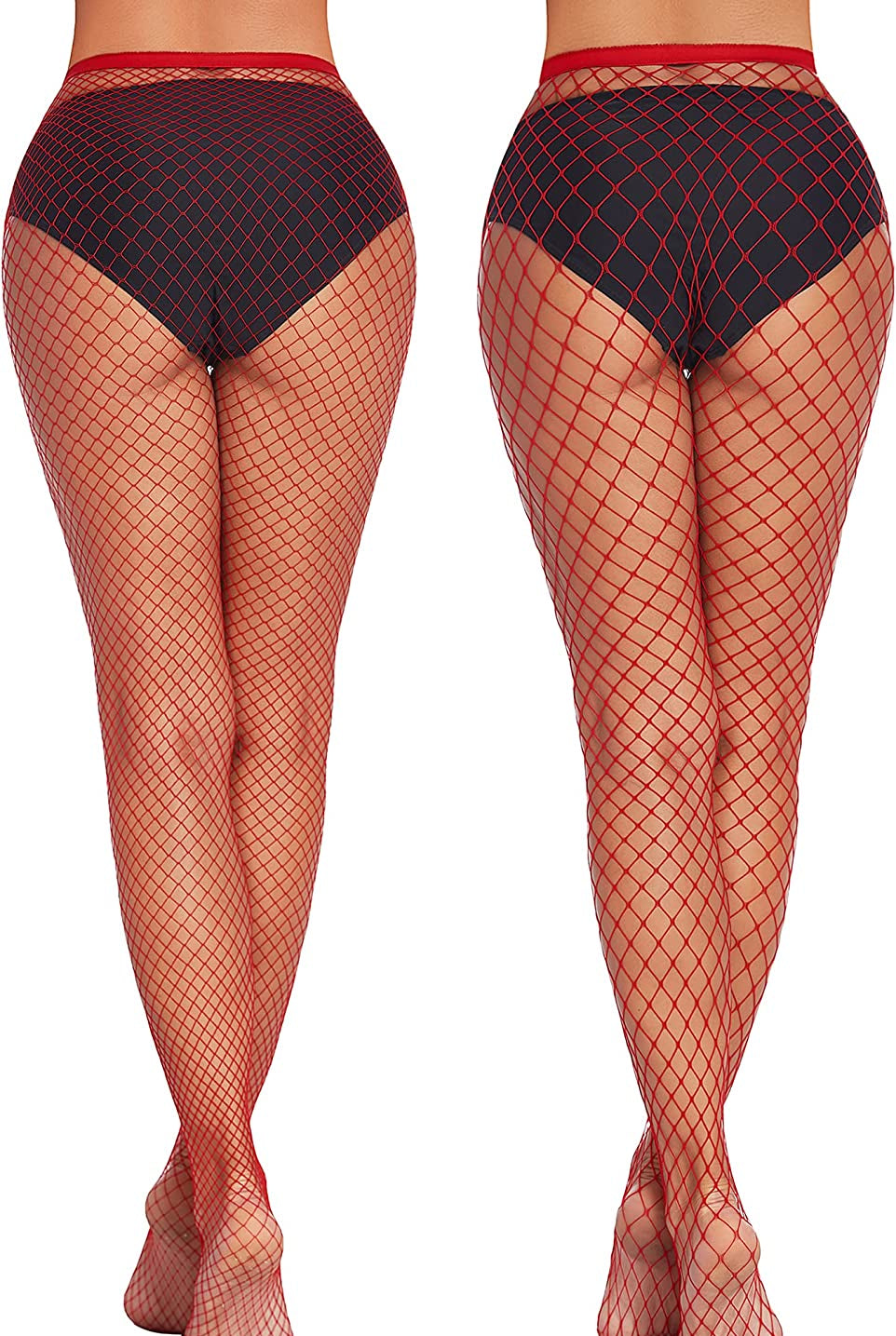 Red diamond net fishnet stockings, high-waisted. Sexy and confident plus size lingerie.