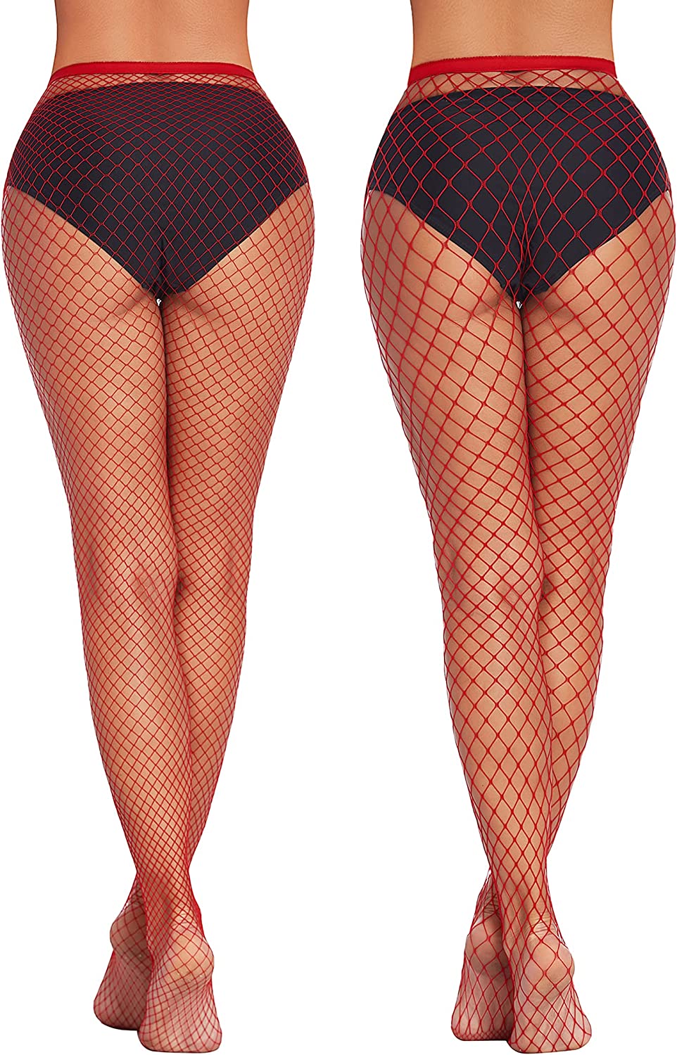 Red diamond net fishnet stockings, high-waisted. Sexy and confident plus size lingerie.