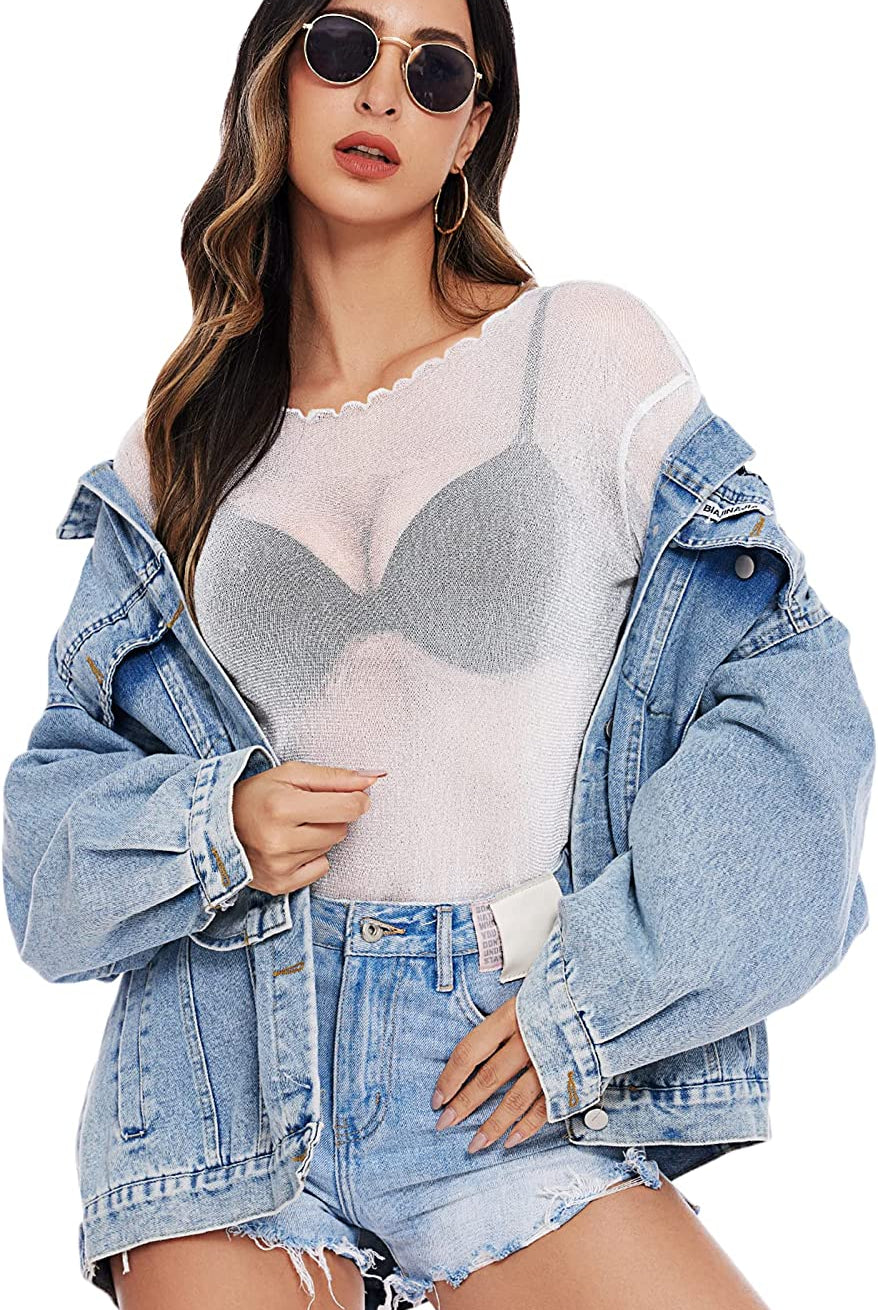 White mesh see-through long sleeve shirt with denim jacket and shorts. Stylish outfit for women.