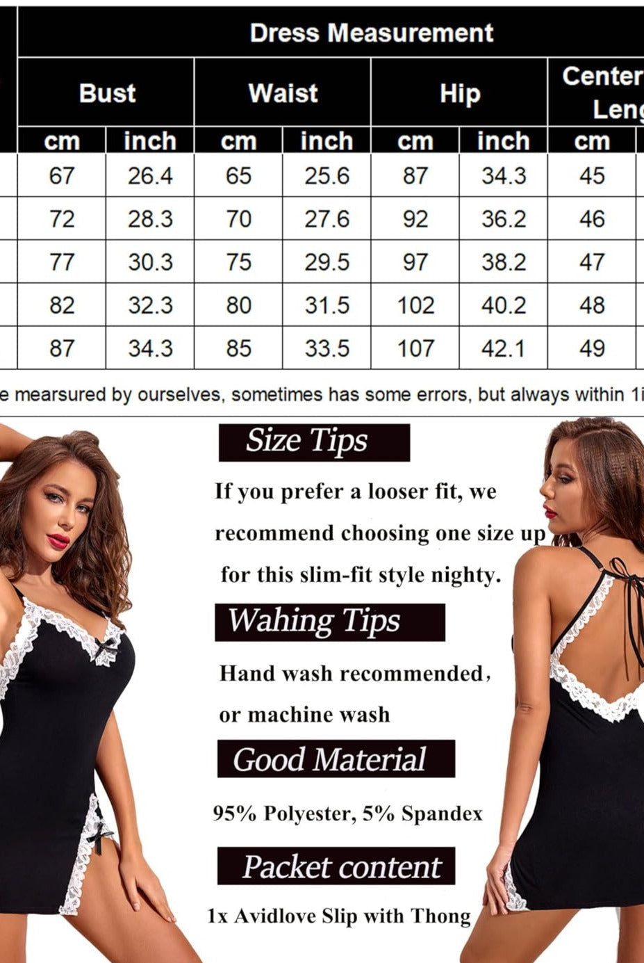 Avidlove Black Cotton Chemise, V-neck with lace trim, size chart, care tips, and G-string