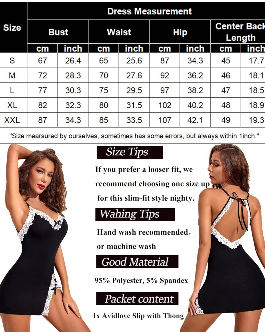 Avidlove Black Cotton Chemise, V-neck with lace trim, size chart, care tips, and G-string