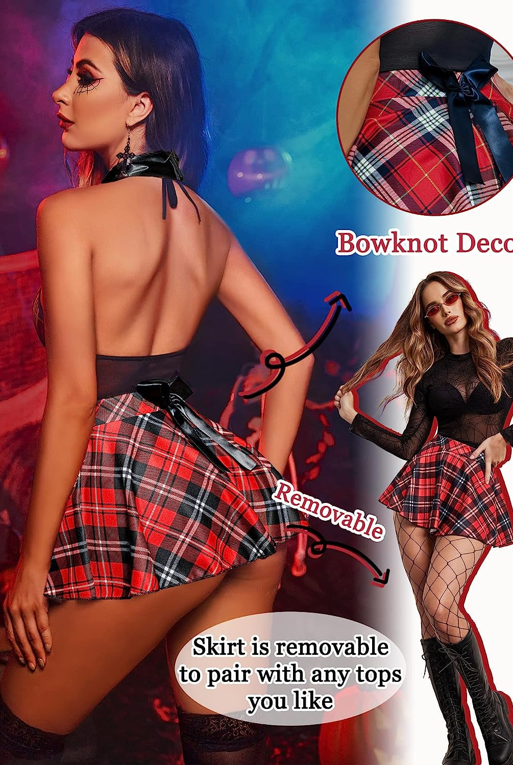 Schoolgirl roleplay lingerie set in red plaid: halter top, removable skirt, bowknot, for cosplay.