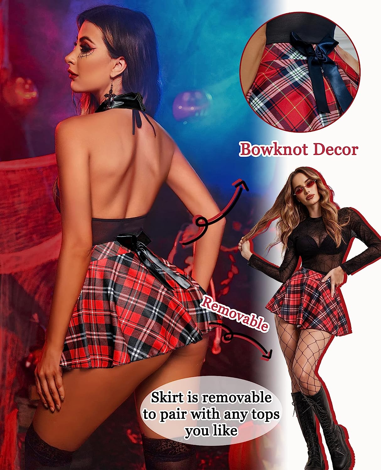 Schoolgirl roleplay lingerie set in red plaid: halter top, removable skirt, bowknot, for cosplay.
