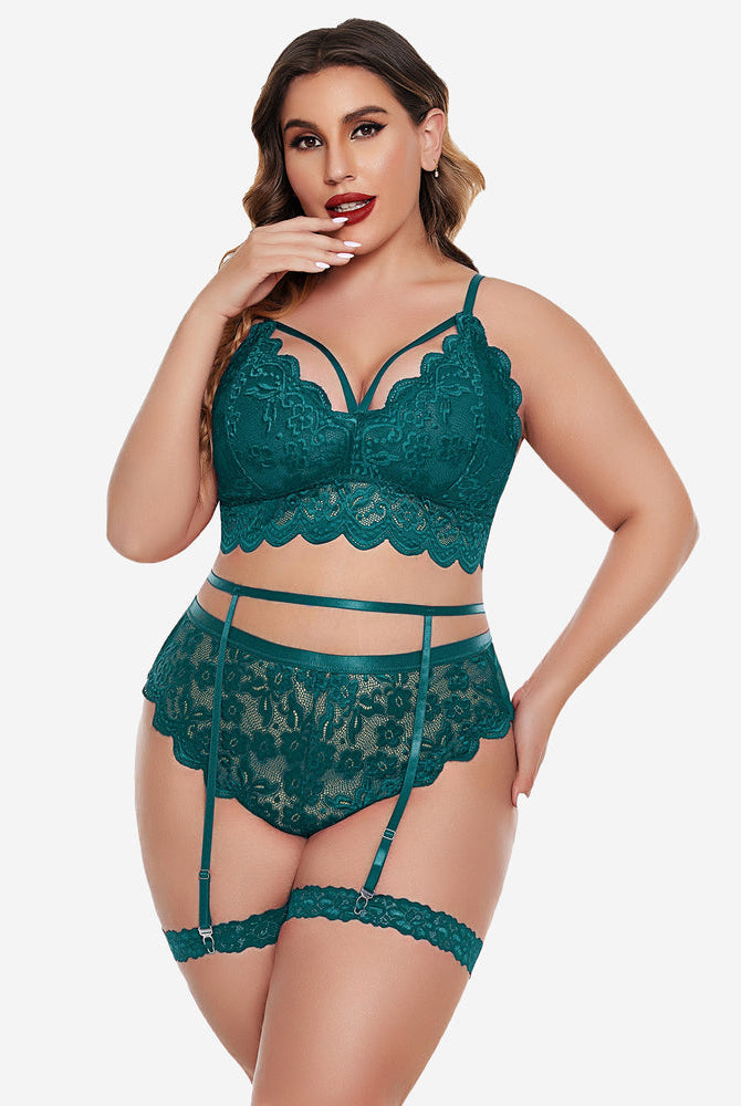 Plus size teal green lace lingerie set: bralette, high-waisted panties, garter belt; floral lace