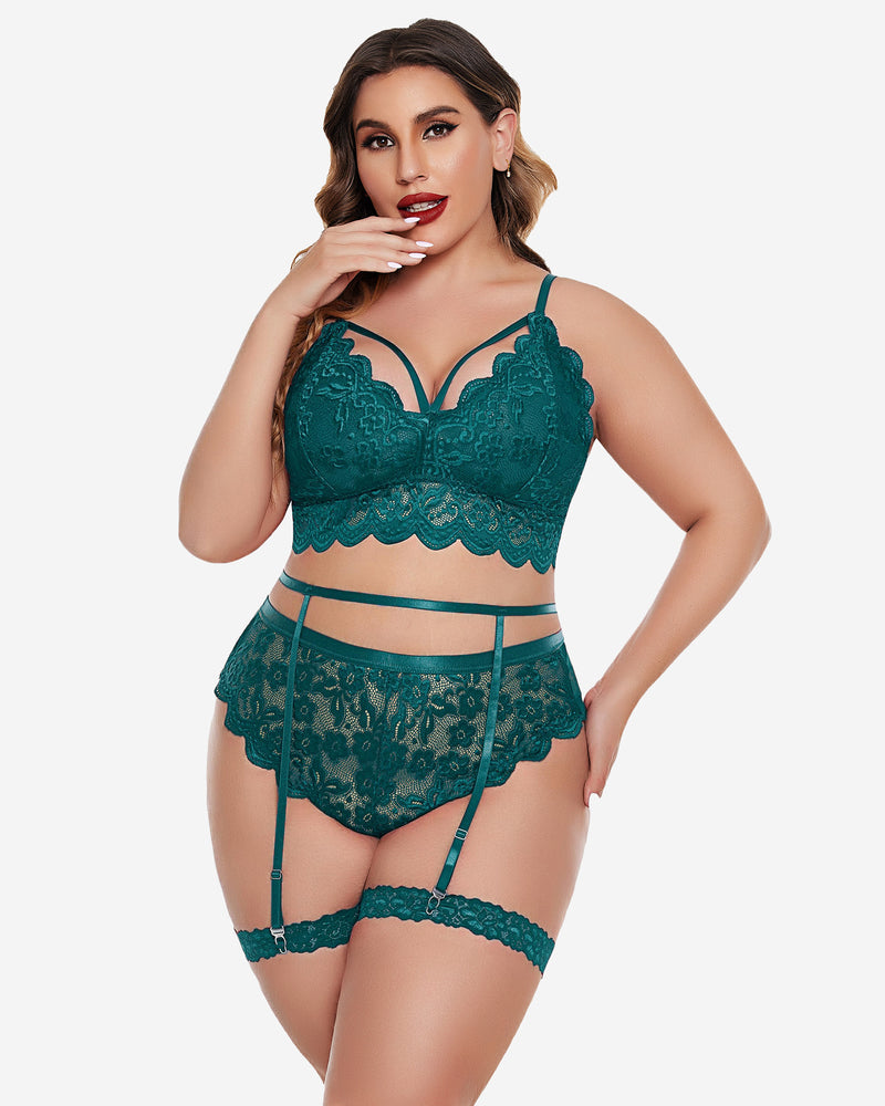 Plus size teal green lace lingerie set: bralette, high-waisted panties, garter belt; floral lace