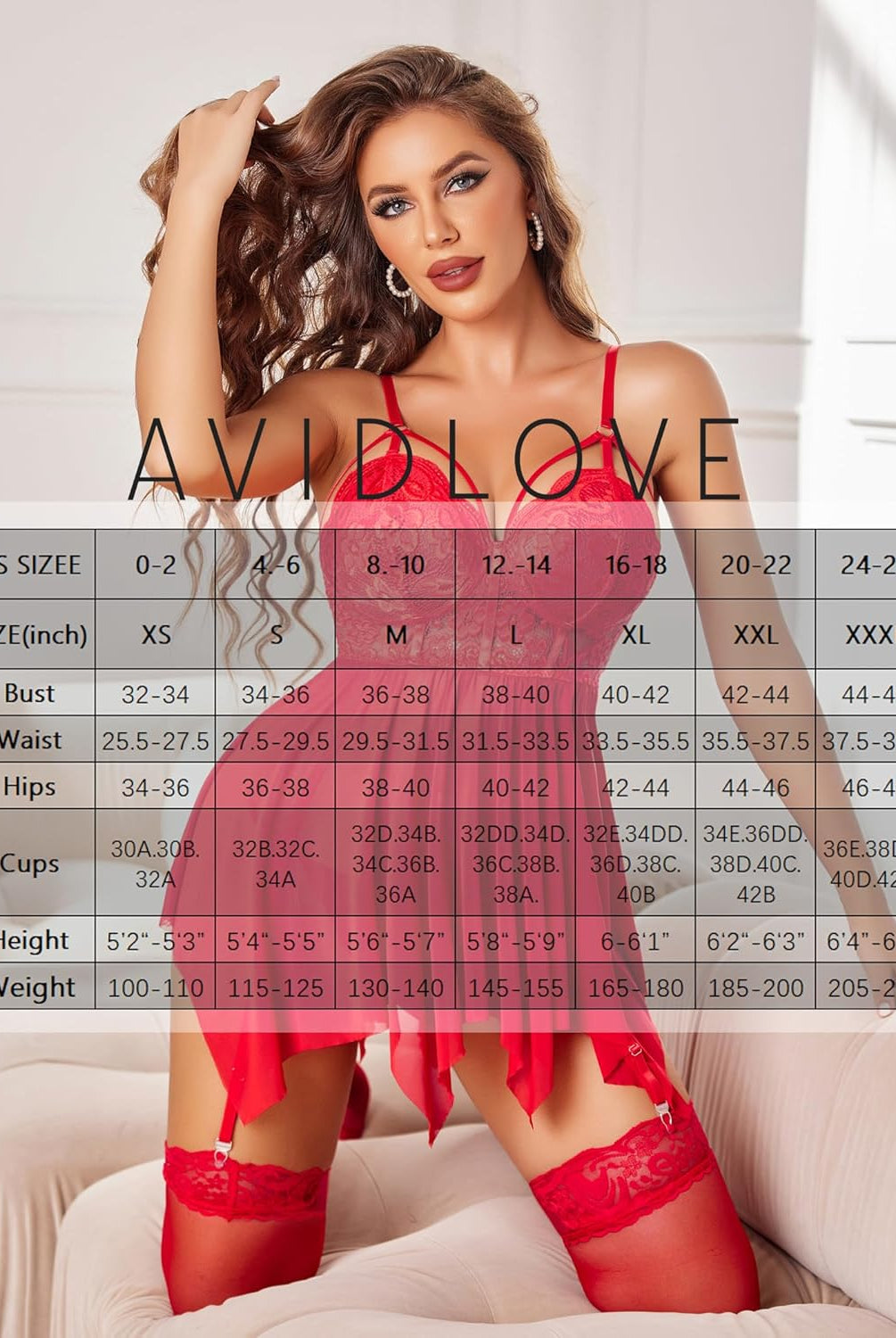 Avidlove red lace babydoll lingerie set with size chart; offering a confident and charming look.