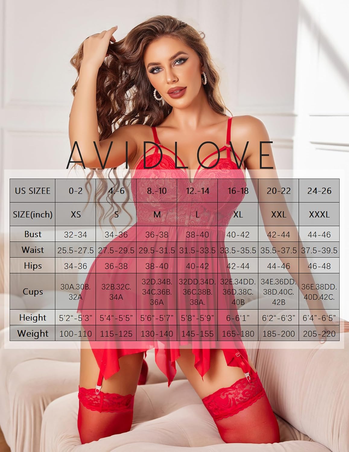 Avidlove red lace babydoll lingerie set with size chart; offering a confident and charming look.