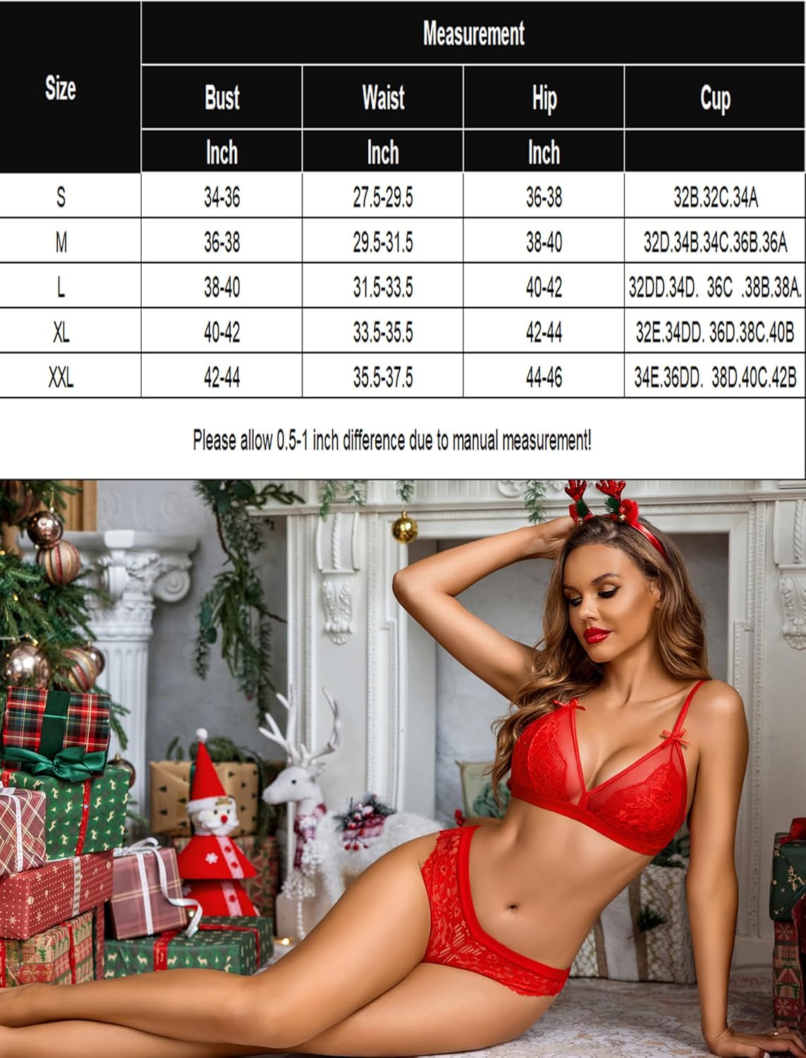Red lace lingerie set with size chart. Adjustable strap bra and lace panty. Sensual, festive design.