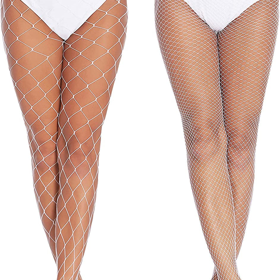 White diamond net fishnet stockings on models. Sexy and confident look for outfits.