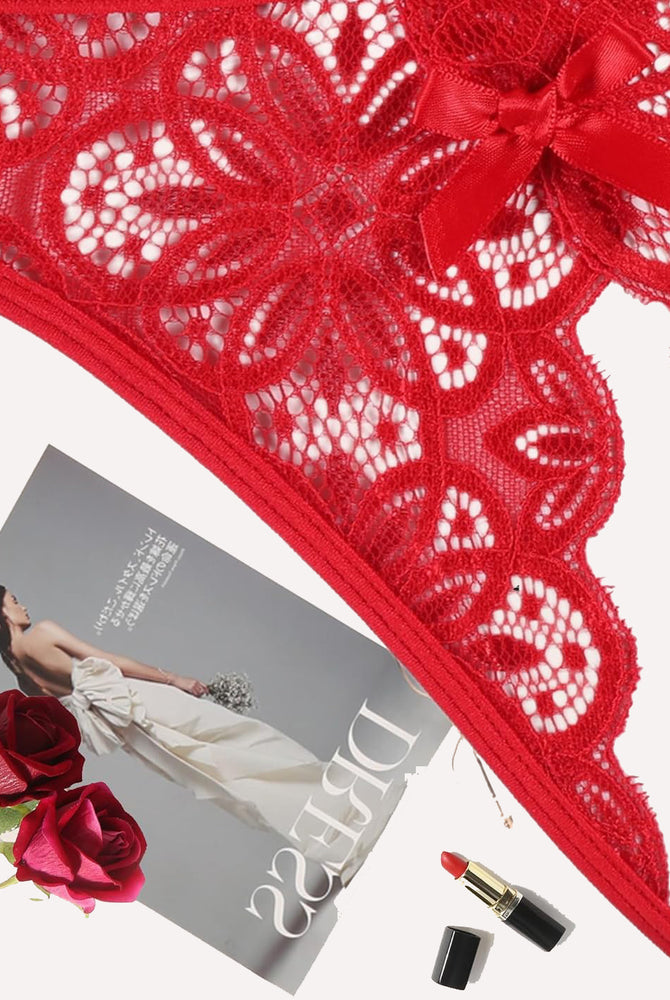 Red floral lace briefs with bow. Sexy, low-rise lingerie with soft, stretchable material.