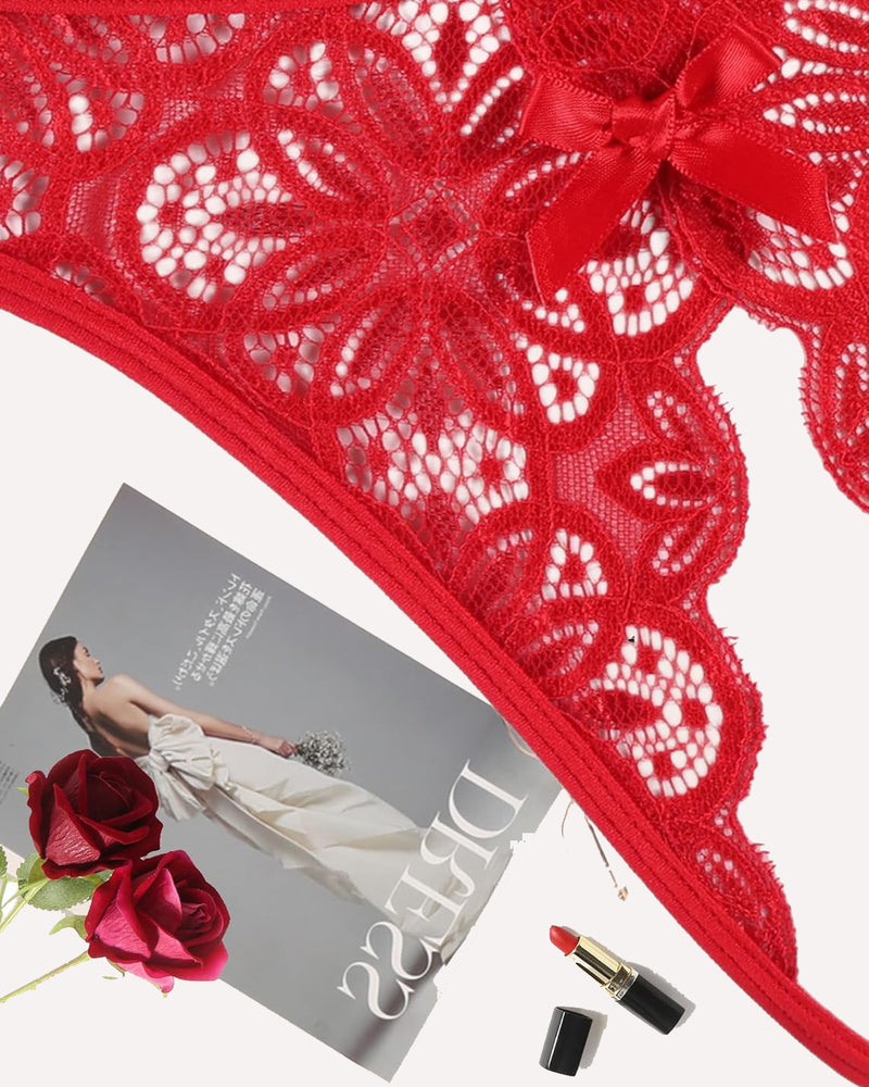 Red floral lace briefs with bow. Sexy, low-rise lingerie with soft, stretchable material.