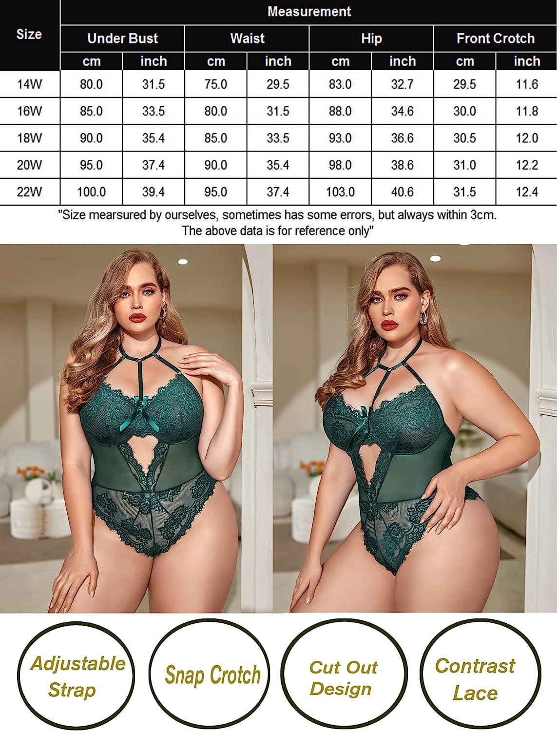 Plus size green lace bodysuit with halter neck and cut-out detail, sexy lingerie