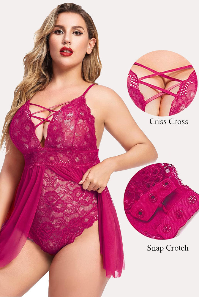 Plus Size Magenta Babydoll Lingerie with Criss-Cross Straps and Snap Crotch