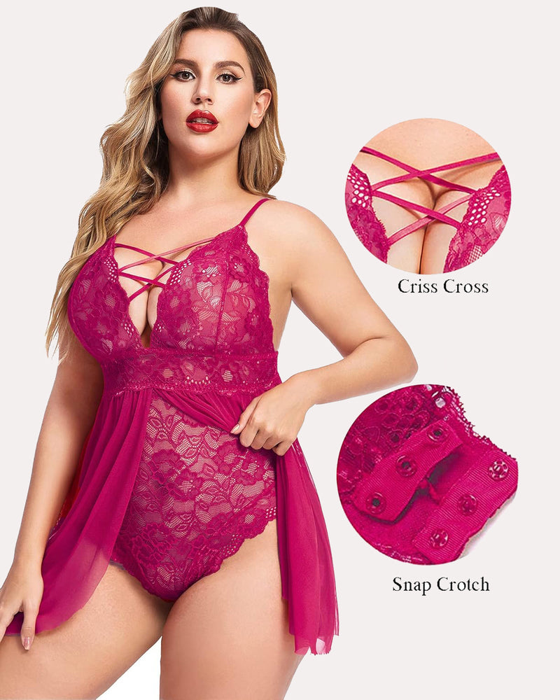 Plus Size Magenta Babydoll Lingerie with Criss-Cross Straps and Snap Crotch