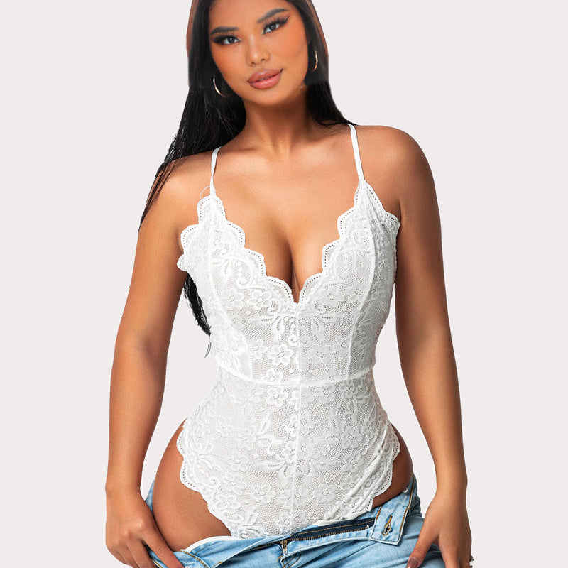 White floral lace deep V teddy bodysuit. Sexy lingerie design with adjustable straps, Avidlove.