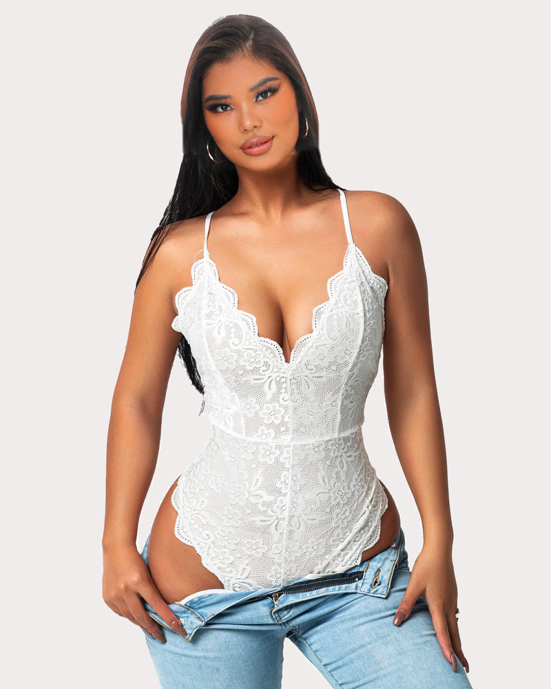 White floral lace deep V teddy bodysuit. Sexy lingerie design with adjustable straps, Avidlove.