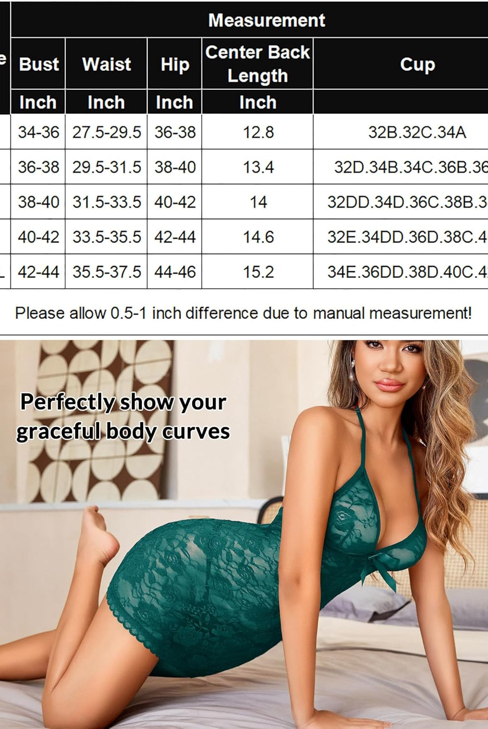 Teal lace halter V neck sleepwear mini dress with floral lace and size chart.