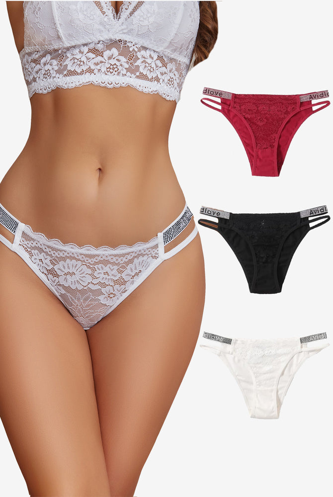 Avidlove floral lace hipster panties in white, red, and black. Low-rise with rhinestone straps.