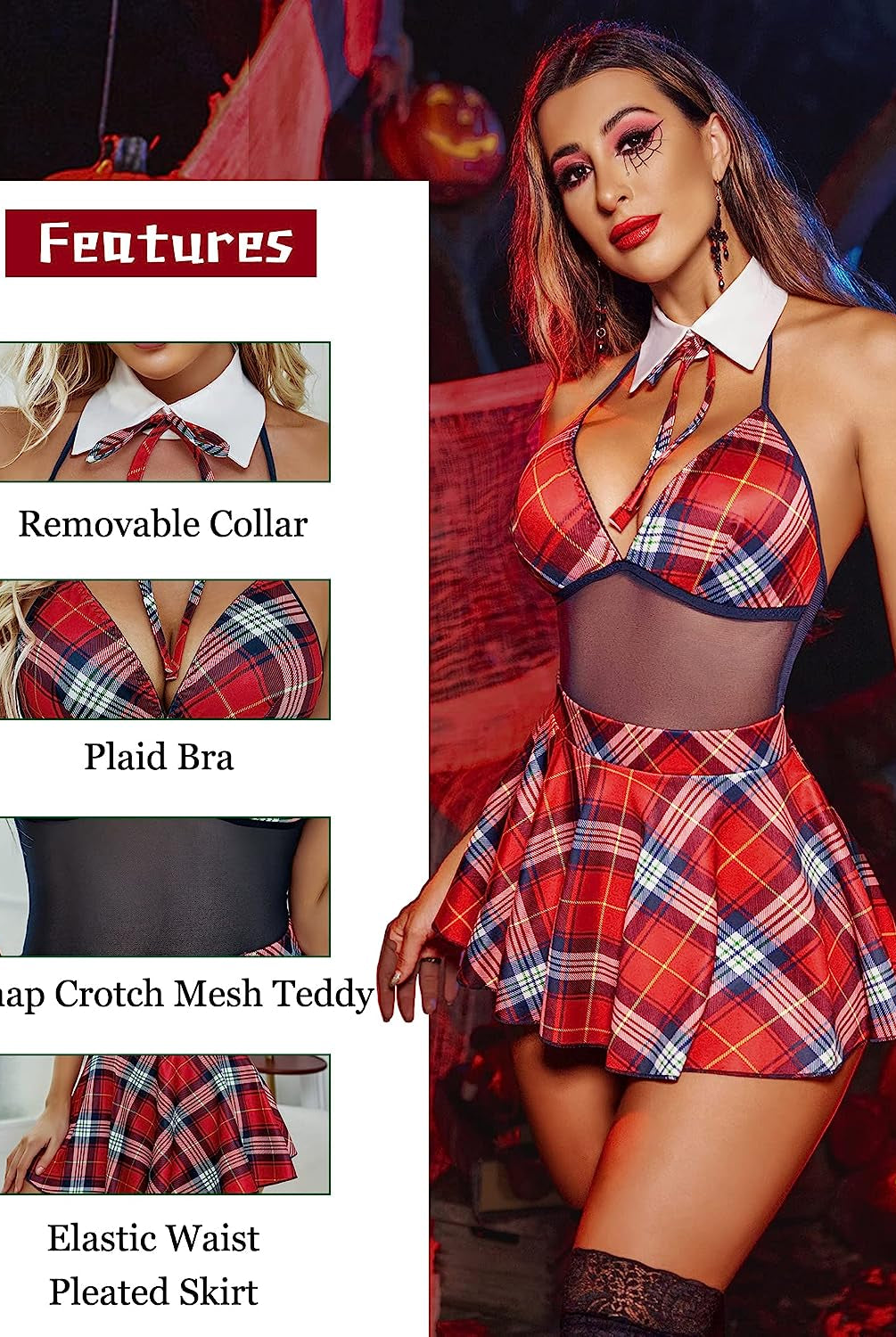 Red plaid schoolgirl lingerie set with removable collar, mesh teddy, and pleated skirt for cosplay