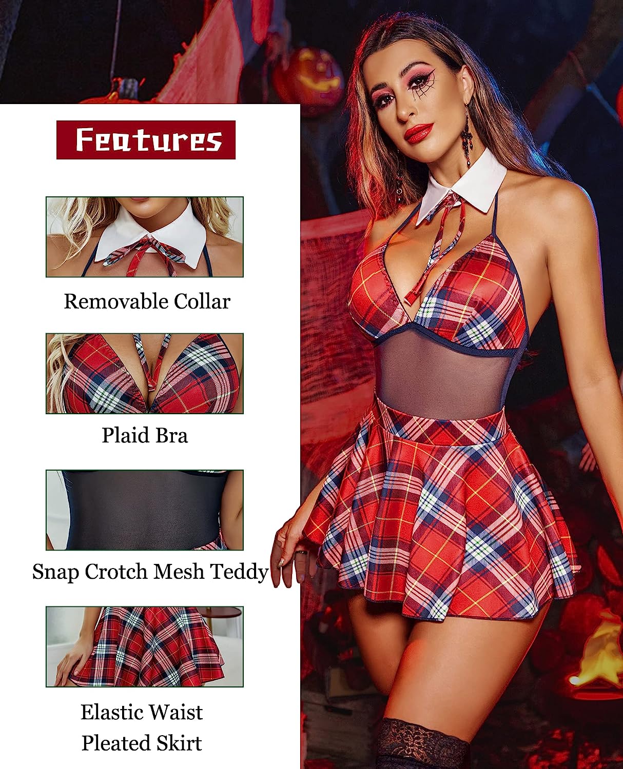 Red plaid schoolgirl lingerie set with removable collar, mesh teddy, and pleated skirt for cosplay