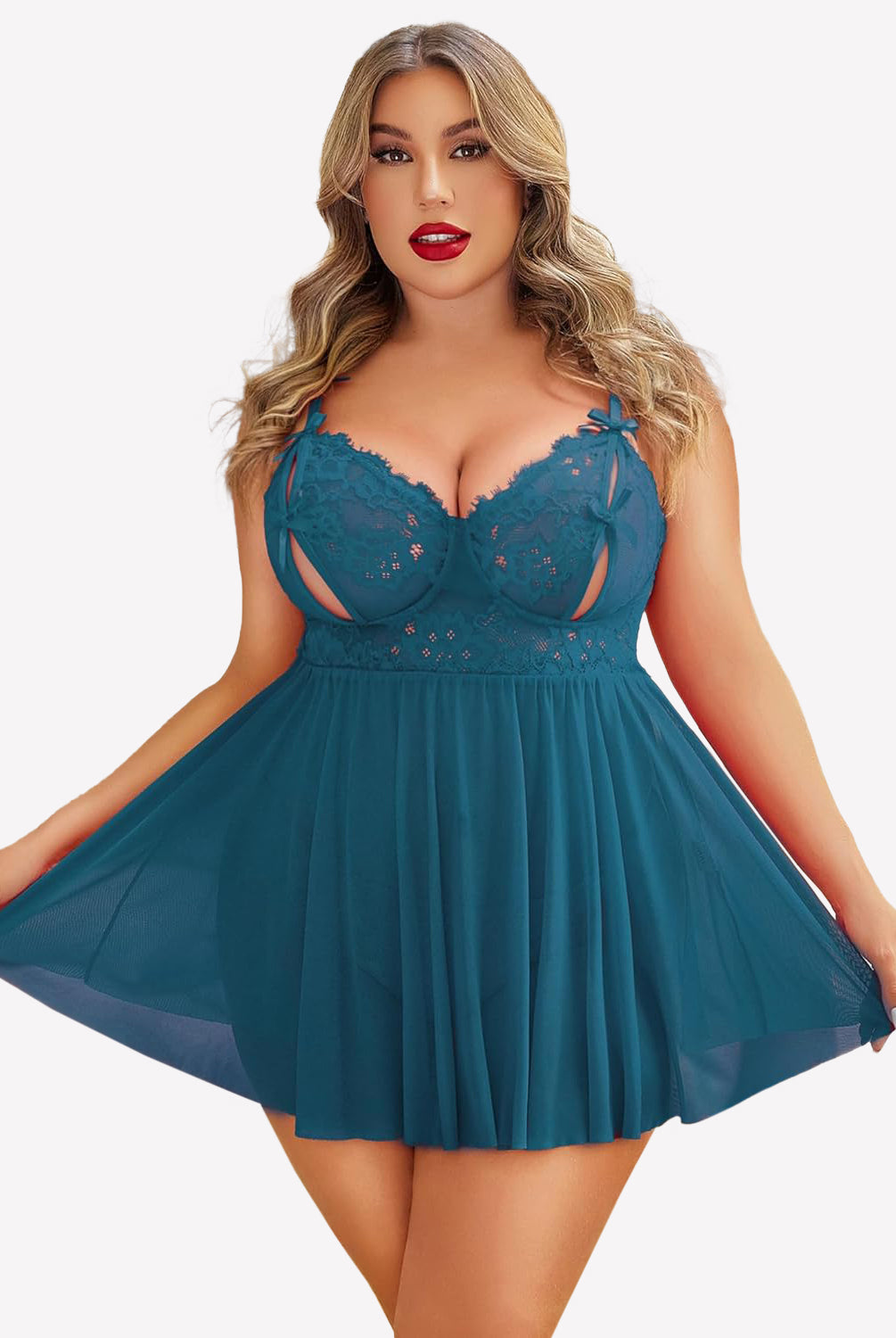 Plus Size Teal Lace Babydoll Nighty with Adjustable Straps and Cut-out Detail