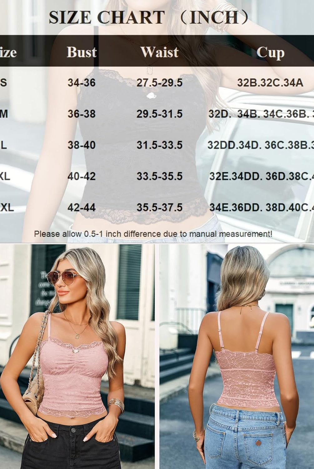 Pink lace crop top with spaghetti straps, size chart included. Sexy lingerie.