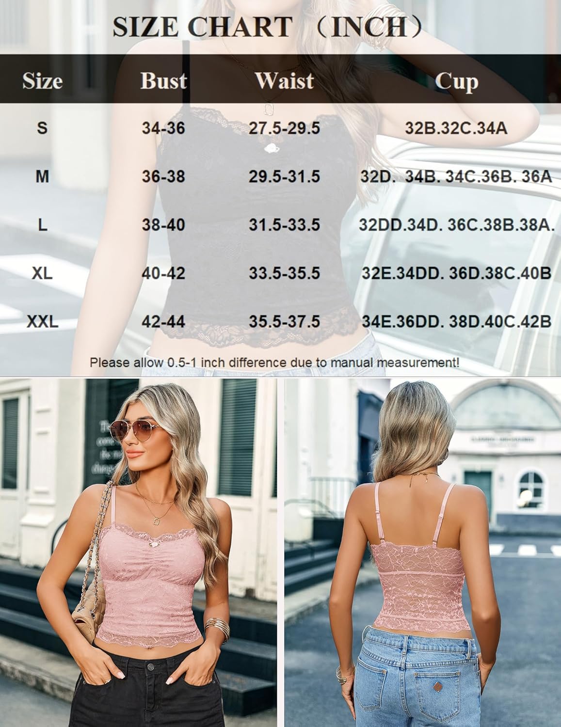 Pink lace crop top with spaghetti straps, size chart included. Sexy lingerie.