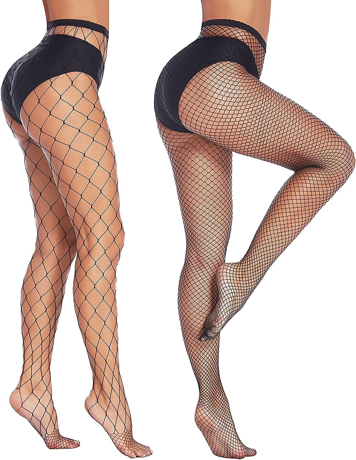 Black fishnet stockings, diamond net, high-waisted, confident and sexy plus size lingerie.