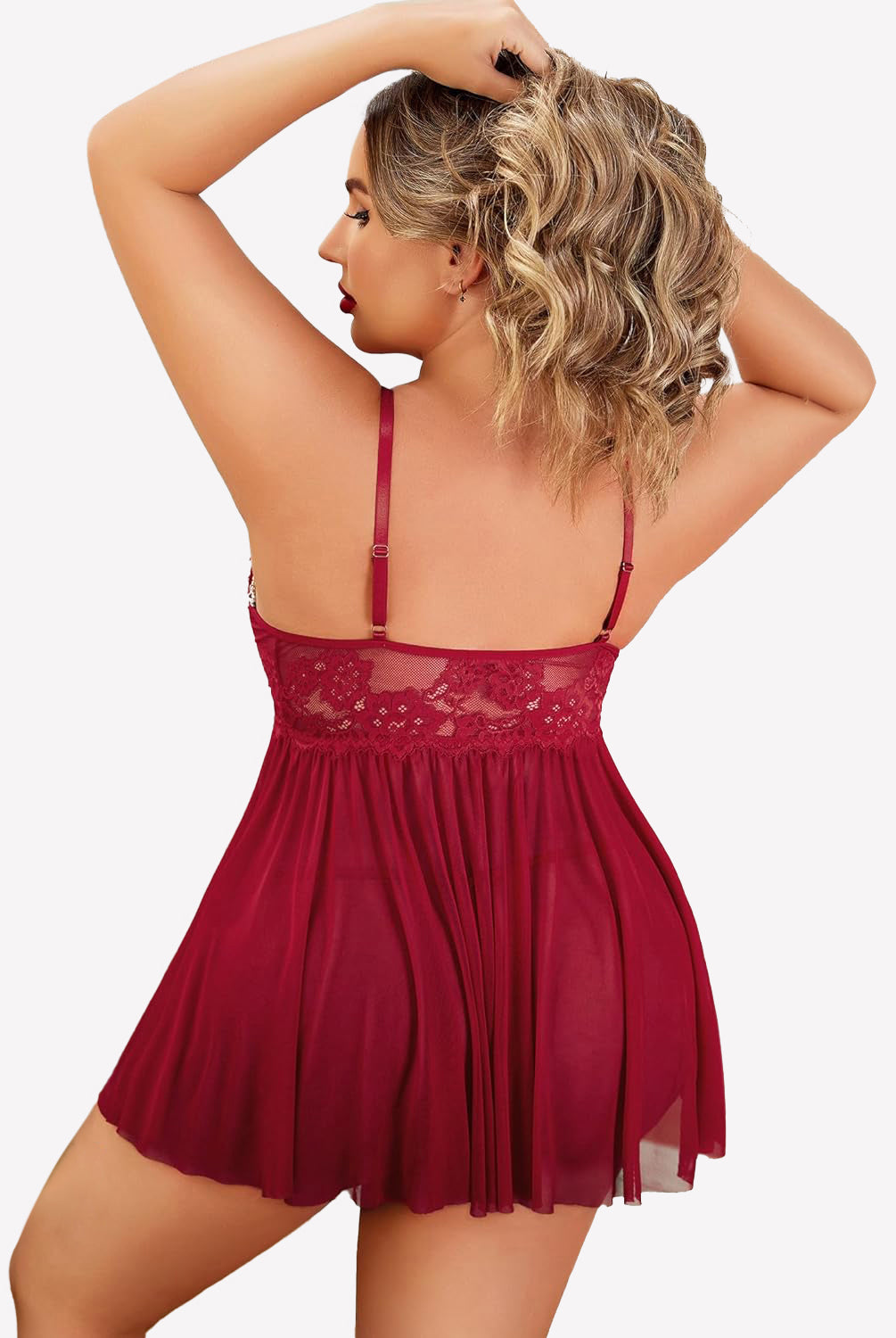 Plus Size Burgundy Lace Babydoll Nighty with Adjustable Straps
