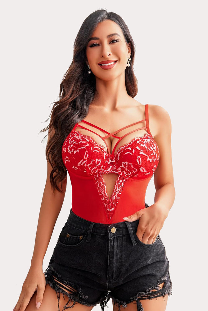 Red lace criss-cross bodysuit, sexy lingerie, adjustable straps, perfect for a romantic night.