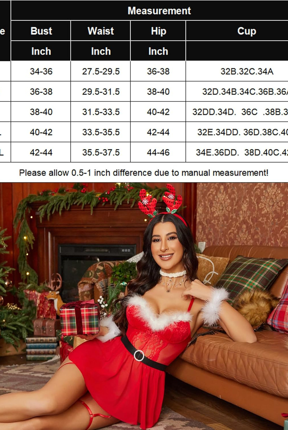 Red Christmas lingerie babydoll set with lace, fur trim, and Santa hat, and size chart