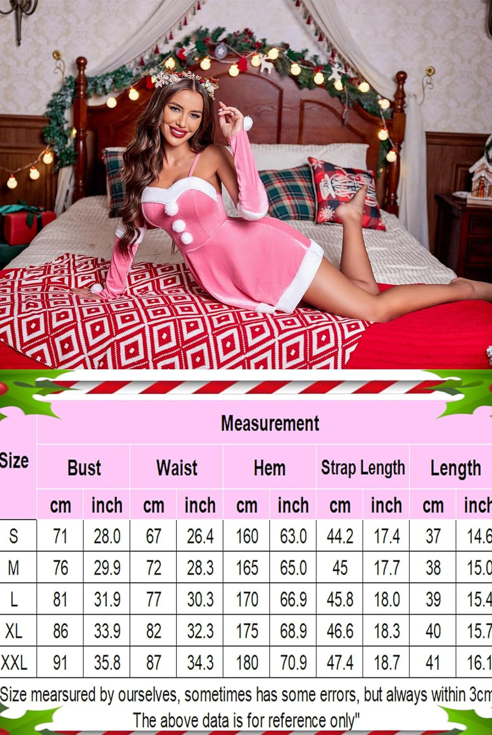 Pink Santa dress with size chart. Christmas outfit with white fur trim, hat, and gloves.