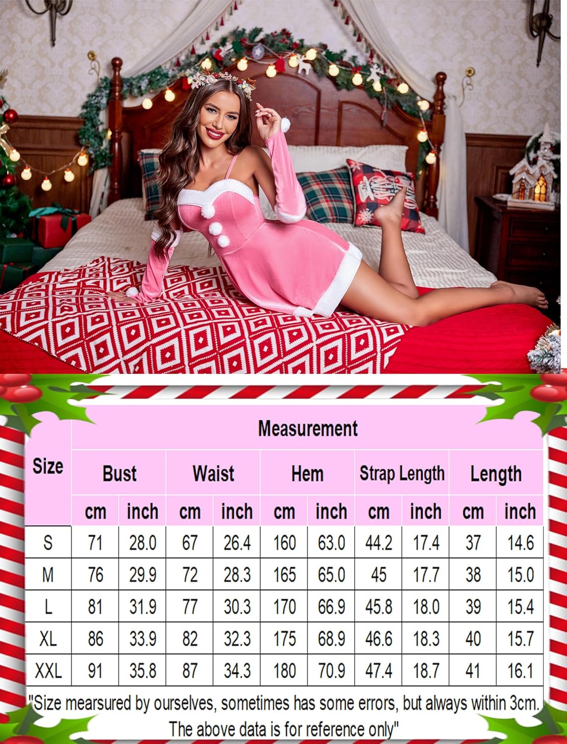 Pink Santa dress with size chart. Christmas outfit with white fur trim, hat, and gloves.