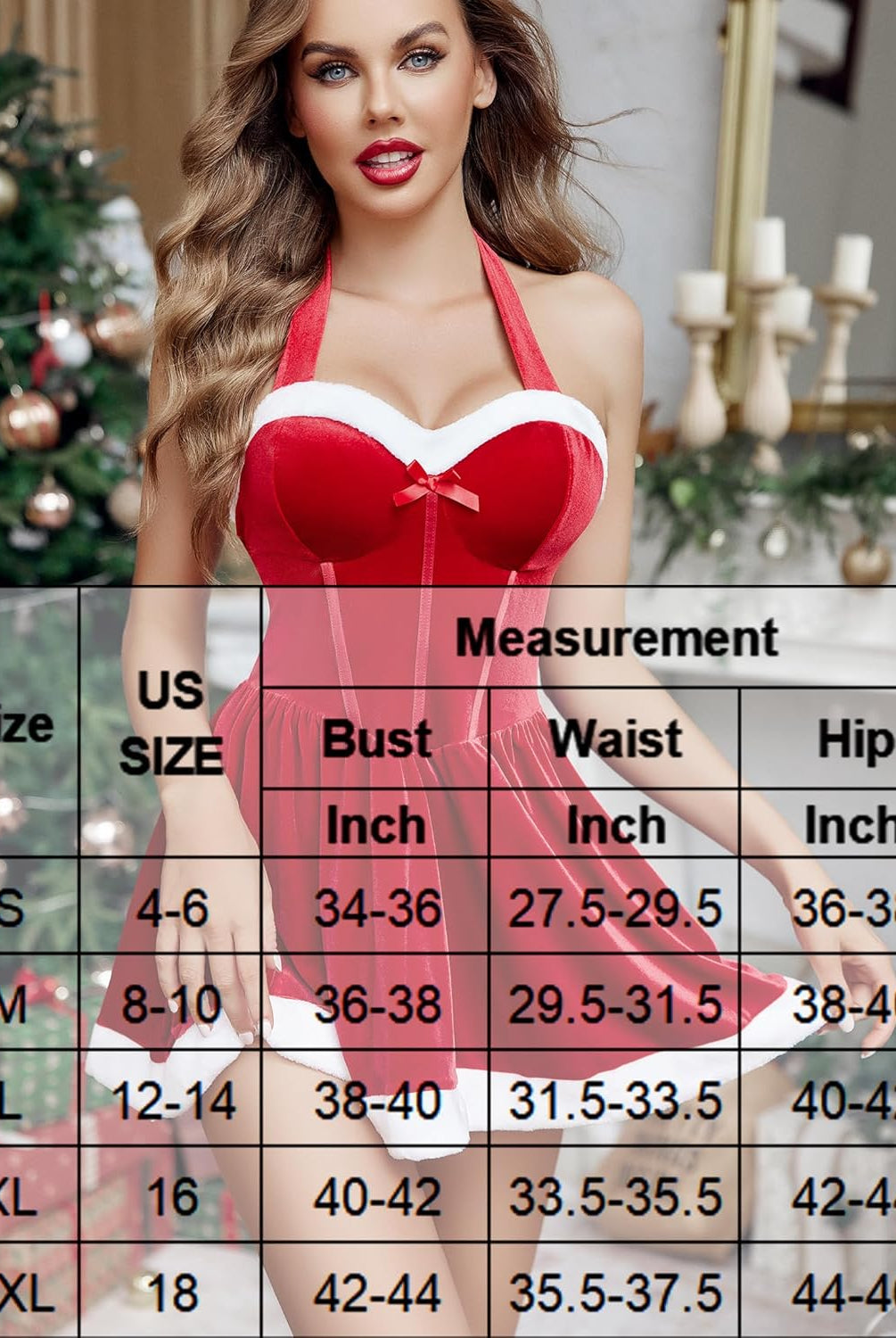 Red velvet Christmas corset mini dress with size chart. Perfect for holiday parties.
