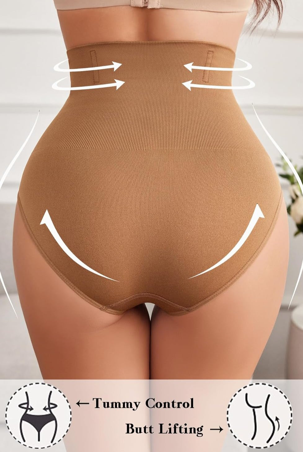 Brown high-waisted tummy control thong shapewear, smoothing silhouette and accentuating curves.