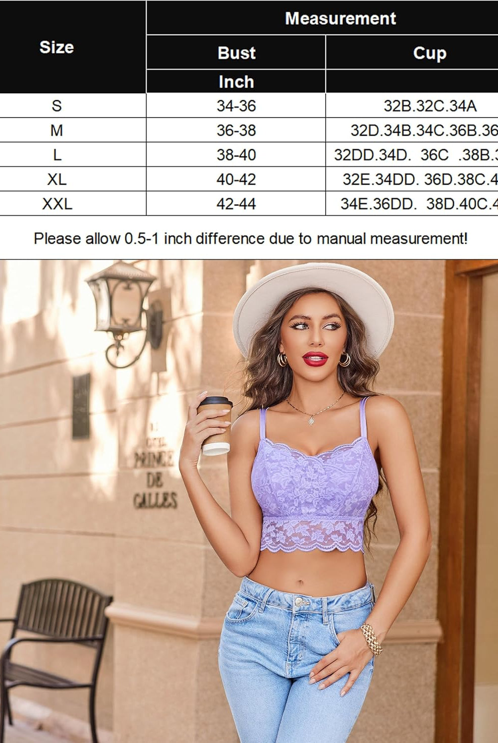 Lavender lace crop top with adjustable straps on a model, styled with jeans; size chart provided.