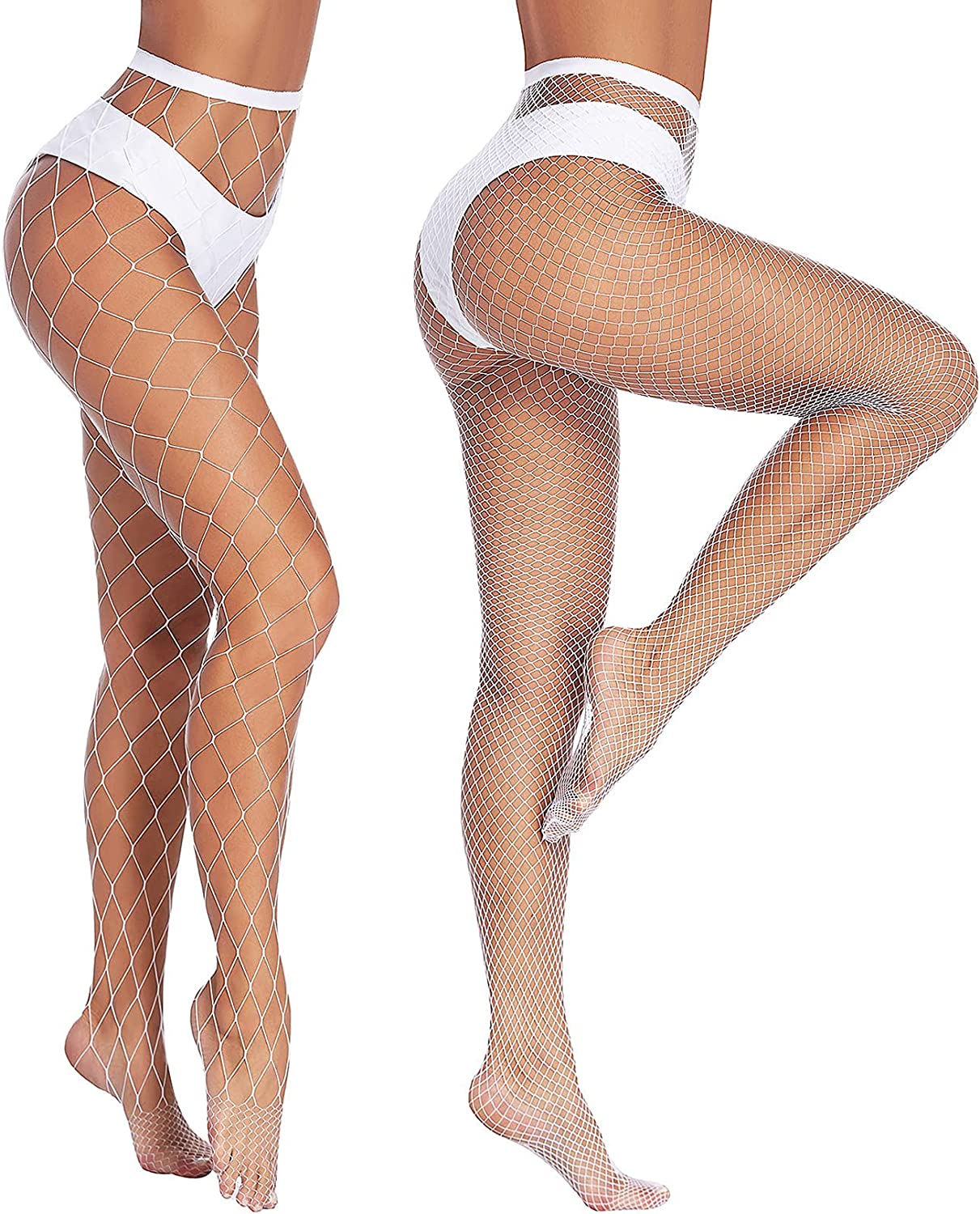 White diamond net fishnet stockings on models. Confident and sexy, perfect for plus size outfits.