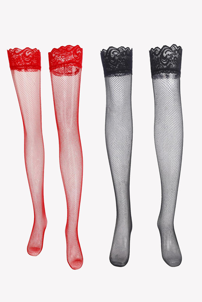 Red and black fishnet thigh-high stockings with lace trim, perfect lingerie for women