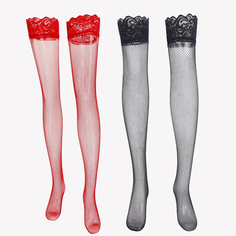Red and black fishnet thigh-high stockings with lace trim, perfect lingerie for women