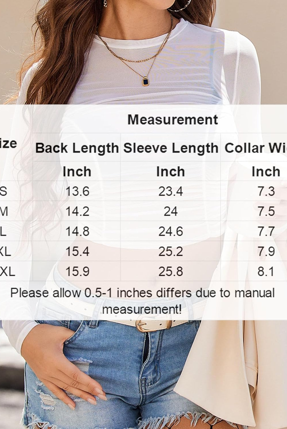 White ruched sheer crop top size chart, Y2K style by Avidlove, featuring model in denim shorts